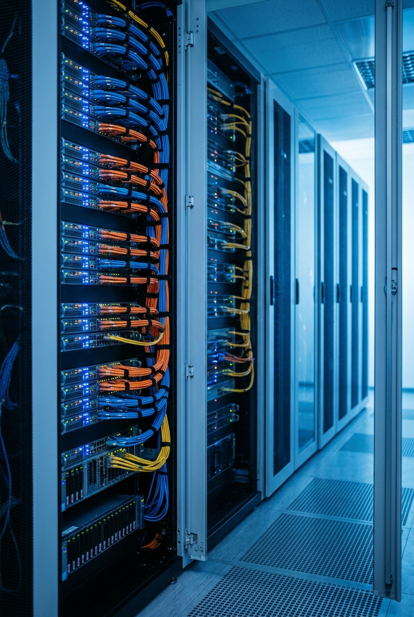 Moderner Serverraum mit strukturierter Netzwerkverkabelung und aktiven LED-Statusanzeigen – professionelle IT-Infrastruktur und Serverbetreuung durch tollense.comp aus Neubrandenburg, Mecklenburg-Vorpommern